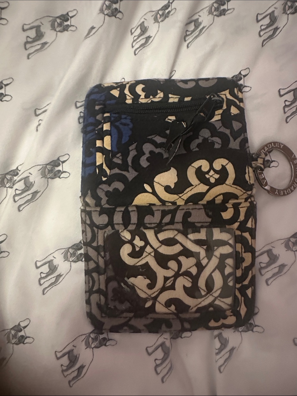 Vera Bradley Black, Cream & Blue Quilted Crossbody Wallet with Key Ring